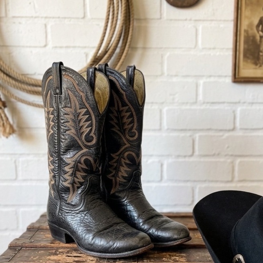 Black magic 🎱Leather Western Cowboy Boots Men 8.5 D / Fits Women 10‎ - 10.5